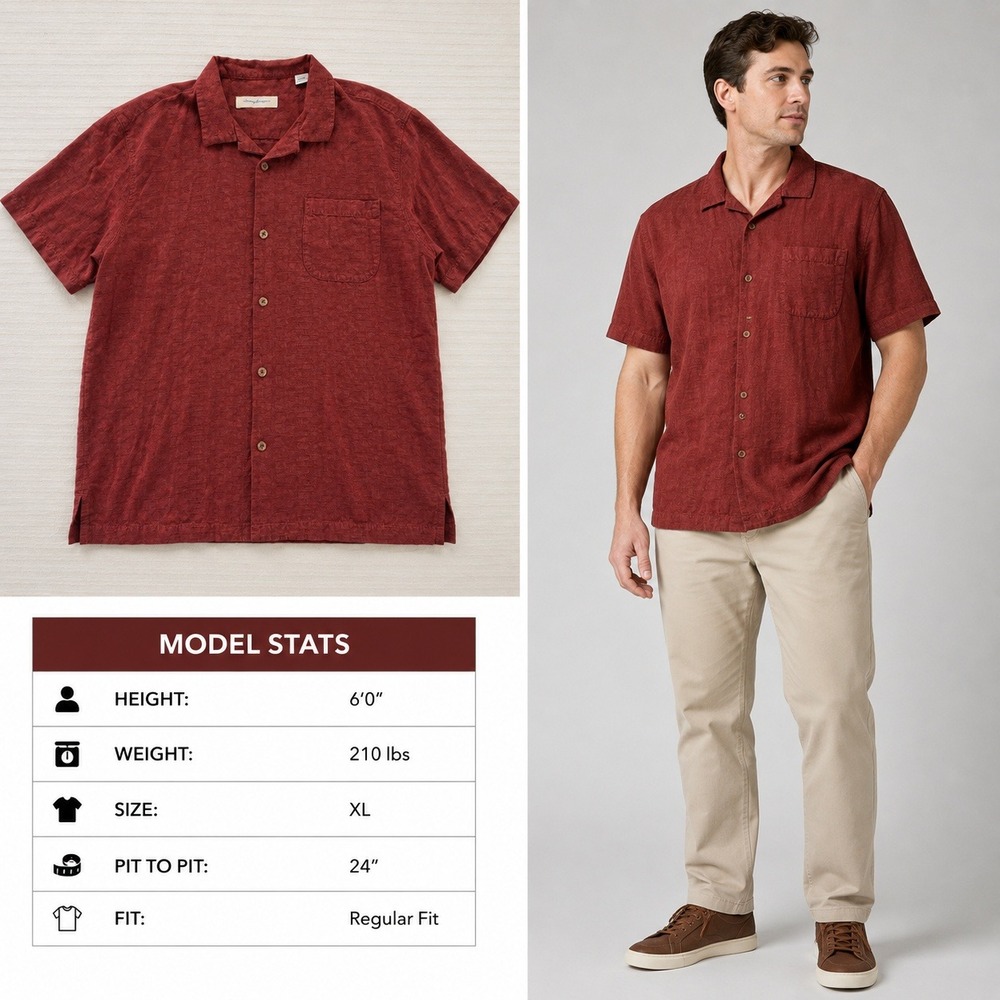 Tommy Bahama Mens XL Rust Red Silk Cotton Textured Short Sleeve Camp Shirt 1021